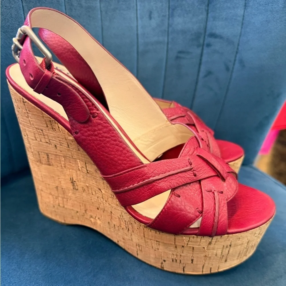 Michael Kors Red Leather Cork Wedge Sandals Size 10